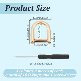 DELORIGIN 16PCS Alloy D Rings 4 Colors 0.5" Replacement D Ring Screw in Shackle D Hooks with 1pc Mini Screwdriver for Purse Handbag DIY Leather Craft Leash Keychain Accessories