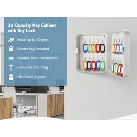 Barska 20 Position Key Cabinet – Wall Mount Steel Key Lock Box with Numbered Hooks, Colored Tags & Gray Finish for Home, Office or Business Use