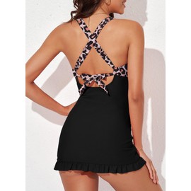 Aleumdr Women 2025 Fashion Tankini Swimsuits Twist Front Tankini Top with Swim Shorts Leopard Print Tummy Control Two Piece Bathing Suits Black Printed X-Large