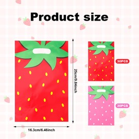 BOXOB 60 Pcs Strawberry Party Favor Bags, Cute Red Pink Plastic Strawberry Themed Goodie Bags for Birthday Baby Shower Wedding Party Supplies
