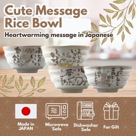MIno Yaki(Ware) Handmade Japanese Rice Bowls Japanese Poem Cat, Set of 2, 4.5 inch