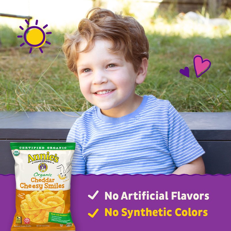 Annie's Organic Cheddar Cheesy Smiles, Baked Corn Puffs, Gluten Free,