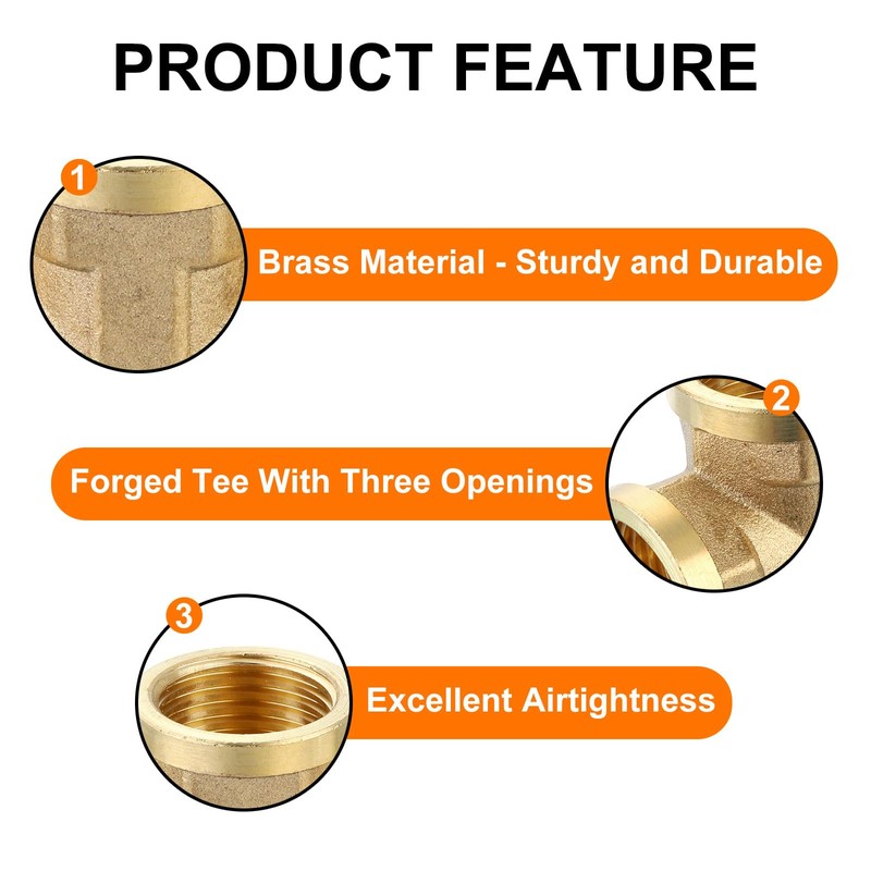 sourcing map Brass Tee Pipe Fitting, G1/2" x G1/2" x
