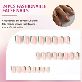 24PCS Emerald Green French Tip Press-On Nails With Removable Strong Glue – Short Square Full Cover Acrylic False Nail Extensions – Reusable Eco-Friendly ABS Kit – 12 Sizes Fit All For Women
