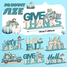 Quzzil 6 Pcs Fall Wooden Sign Blue Autumn Table Decoration Thanksgiving Pumpkin Centerpieces Hello Fall Tabletop Decor for Harvest Farmhouse Home Tables Decor Fall Theme Party Decorations Supplies