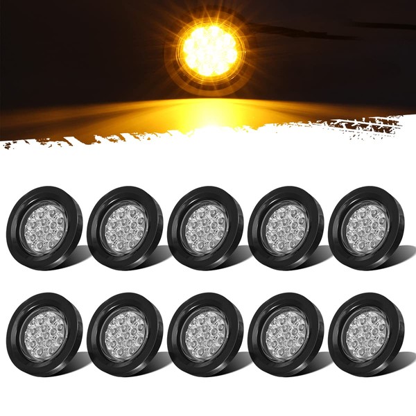 Partsam 10Pcs 2.5" Round Amber 13 LED Side Marker Clearance Lights with Reflectors for Truck Trailer RV, Grommets and Pigtails Include, Clear Lens, Sealed Waterproof, Flush Mount, 12V