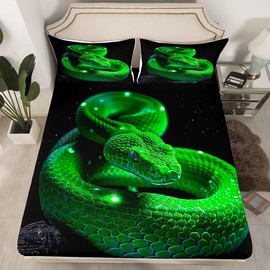 3D Snake Kids Sheet Queen Size,Exotic Reptile Animal Bedding Set,Boys Men Room Decor,Green Snake Jungle Wildlife Rustic Nature Green Black Bed Sheet Set 4pcs(Fitted + Flat + 2 Pillowcases)