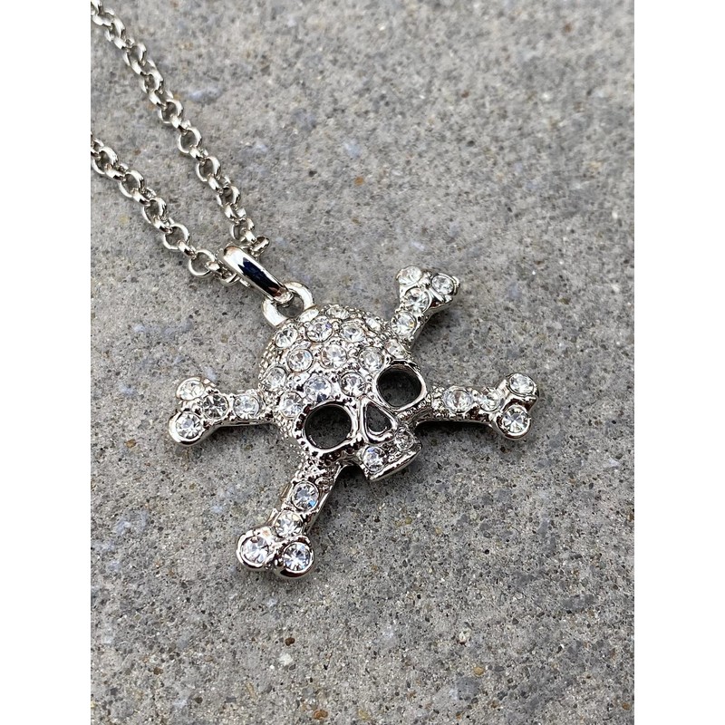 Skull Necklace Orb Saturn NANA Gothic Silver Rhinestone Crossbones Pendant