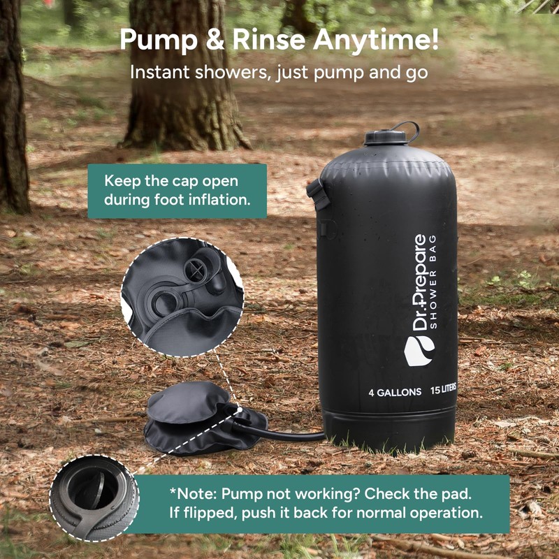 DR.PREPARE Camping Shower, 4 Gallons/15L Portable Shower with Foot Pump,