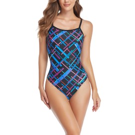 Adoretex Girl's/Women's Printed Cross Puzzle One Piece Thin Strap Athletic Swimsuit (FN041) - Blue Combo2-26