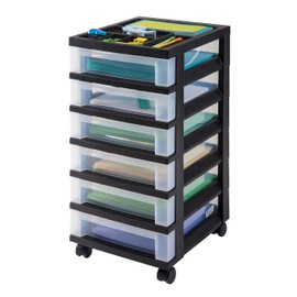 IRIS USA Plastic Drawer Storage Organizer Rolling Cart, with Wheels Casters, 6-Drawers, for Classroom Art Craft Supplies Dresser Closet Bathroom Laundry Room, Black/Clear