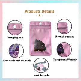 Rimiko 50pcs Resealable Sample Bags, Small Ziplock Mylar Bags with Hanging Hole, Clear Foil Bags for Sample Packaging, Retail, Food and Items Storage (Metallic Pink, 3.0"x4.7")