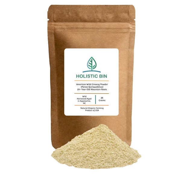 Holistic Bin Wild American Ginseng Powder Pure Organic Ginseng Supplement Made with Wild Harvested 20+ Year Old Roots from Appalachia (Panax Quinquefolius) | No Fillers or Additives (25 Grams)