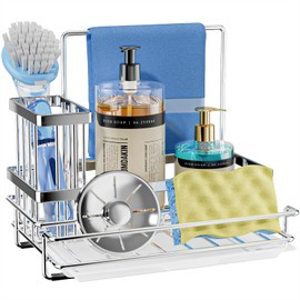 SWTYMIKI Kitchen Sink Caddy - All-in-One Kitchen Sink Organiser Sink Tidy Caddy with Detachable Kitchen Brush and Sponge Holders, Kitchen Sink Tidy Organiser with Drain Tray, Silver