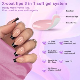 French Gel Nail Tips, 150pcs Medium Coffin Press on Soft Gel Fake Nails, 3 in 1 X-coat Pre-Applied Tip Primer & Base Coat, 15 Sizes for DIY Nail Extension, No Filing Required (HJ-NT087-No.12)