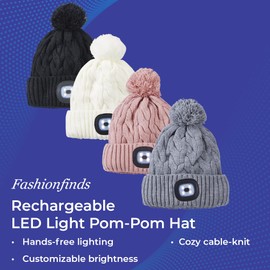 SAGEFINDS Unisex Beanie with Light, Pom-Pom Knit Hat with LED, USB Rechargeable Headlamp Cap for Men and Women White