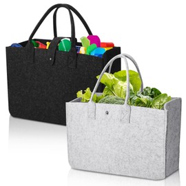 WEGREAT Foldable Felt Bags Shopper: Pack of 2 Felt Shopping Bag, 30 x 20 x 18 cm Felt Handbag, Felt Shopping Bag with Handle, Carry Bag, Shopping Bag for Going Out, Storage (Black, Grey), 30x20x18cm