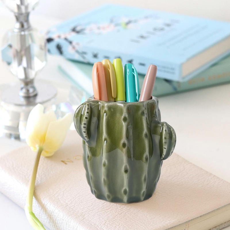 Zaposcca Ceramic Cactus Pen Holder, Cactus Decor Cute Pencil Holder,