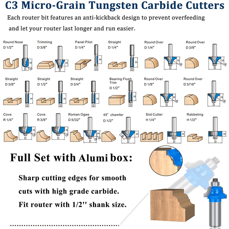 TAIWAIN 1/2" Inch Shank 41pcs Router Bit Cutting Set, Tongue