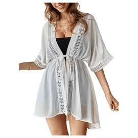 GORGLITTER Women's Kimono Beach Cardigan Beach Dress Loose Short Boho Bikini Cover Up Oversized Fashion Lightweight Beachwear Beach Poncho with Tie Front, White