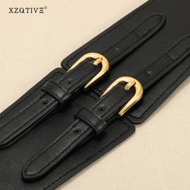 XZQTIVE Women's Wide Elastic Leather Belt for Dresses and Shirts, Stretchy Ladies Waist Belt with Double Gold Buckle, Black, 65cm