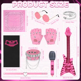 Dreamtop Punk Rockstar Fancy Dress Kids Girls Rockstar Costume Set Rock Star Accessories with Gloves Sunglasses Bandana Face Cover Bracelet Ring Inflatable Guitar Microphone