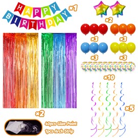 Colorful Birthday Decorations, Birthday Party Supplies for Men Women Boys Girls with Rainbow Happy Birthday Banner, Confetti Balloons, Fringe Curtain, Heart Star Foil Balloons, Hanging Swirls