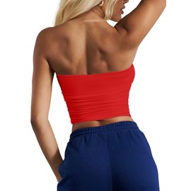 CSDAJIO Women's Casual Ruched Side Strapless Crop Tube Top Ribbed Knit Bandeau Top Summer Skinny Shirt Rib Red Medium