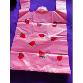 Strawberry Plastic Bags, Pink Grocery, Shopping Bag, Restaurants, Convenience Store,Recyclable T Shirt Bags For Small Business, 12.5" x 2.7" x 21, 50 Count