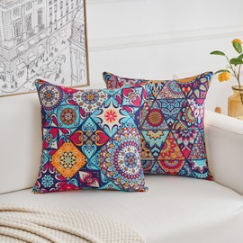 4 Pack Throw Pillow Covers 18x18 inch Vintage Decorative Pillowcases Farmhouse Square Mandala Boho Outdoor Cushion Covers for Sofa Patio Garden Living Room
