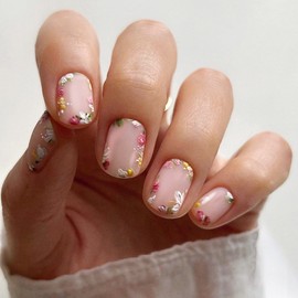 24Pcs Square False Nails Short, French Tip Stick on Nails Cute Flowers Press on Nails, Spring Summer Fake Nails Set with Designs, Removable Acrylic Full Cover Glue-on Nails for Women Girls