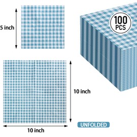 FLOWERCAT 100-Count 2-Ply Blue Checkered Cocktail Napkins Gingham - Blue and White Checkered Napkins Disposable Premium Quality - 5" x 5" Blue Paper Napkins for Easter Party,Bar,Weddings
