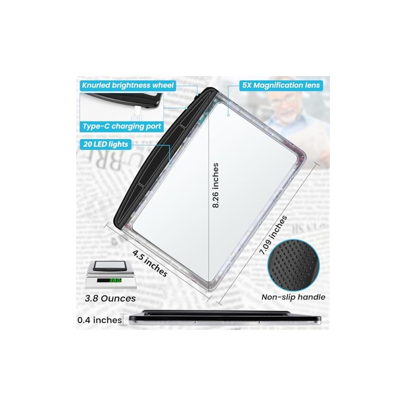 Rechargeable 5X Magnifying Glass for Reading, Large Bright Full Page