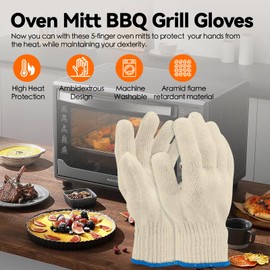 Oven Mitt BBQ Grill Gloves - 1 Pair 5 Finger Heat Resistant Cooking and Barbecue Gloves, Non-Slip Machine Washable Heat Proof Grilling Gloves