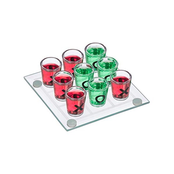 Relaxdays Tic Tac Toe Drinking Game for Adults, 2 Players, 9 Shot Glasses, Funny Party Game Set, Transparent