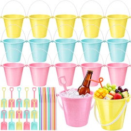 15 Set 33.8 Ounce Large Beach Drink Buckets with Shovels Disposable Straws Plastic Bucket with Handles for Summer Holiday Party Beach Birthday Party Favors (Solid Color)