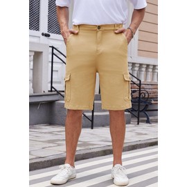 WICUSION Mens Twill Cargo Shorts Relaxed Fit Elastic Waist Oversized Stretch Cotton Shorts Light Khaki