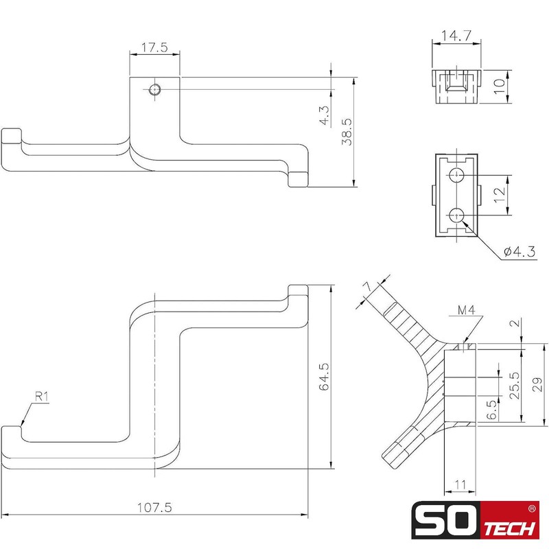 SOTECH Bill Double Hooks Matt Black 107.5 x 64.5 x