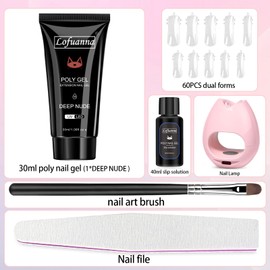 Lofuanna Poly Nail Gel Set, 30 ml Deep Nude Nail Extension Gel Set with Nail Lamp Slip Solution, Gel Nails Starter Set, Nail Art Design for Beginners