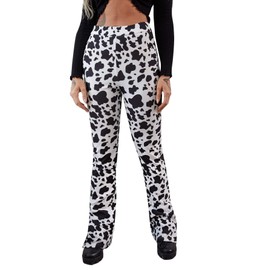 SweatyRocks Women's Boho Comfy Stretchy Leopard Print Bell Bottom Flare Leg Pants Cow Animal Black White XS