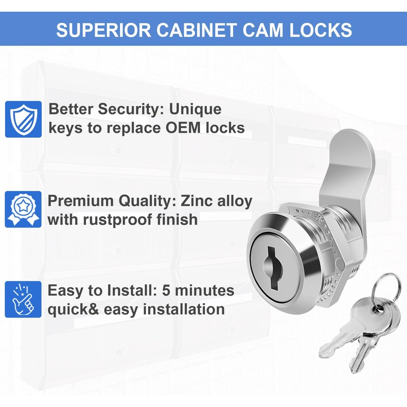 Cylinnda Cabinet Locks (3 Pack, Zinc Alloy), Keyed Alike Cam