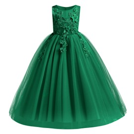 Flower Girl Lace Dress for Kids Wedding Bridesmaid Pageant Party Prom Formal Ball Gown Princess Puffy Tulle Dresses Green 8-9 Years
