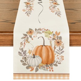 Artoid Mode Orange Pumpkin Wreath Floral Buffalo Plaid Fall Table Runner, Seasonal Fall Kitchen Dining Table Decoration for Home Party Decor 13x60 Inch
