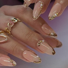 24Pcs French Tip Press on Nails Medium Almond Fake Nails 3D Gold Edge with Pearl Design Glitter Full Cover Glue Nails Reusable Artificial Nail Gold False Nails for Women Girls Acrylic Nails DIY