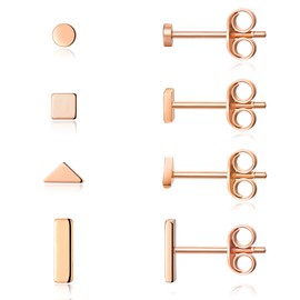Sterling Silver Stud Earrings for Women Men- 4 Pairs of Hypoallergenic Simple Geometric Small Stud Earring Set Tiny Circle Triangle Square Bar Stud Earrings Mini Cartilage Tragus Earrings(Rose Gold)