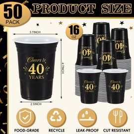 Ziliny 50 Pack 30th 40th 50th 60th 70th Birthday Cups 16 oz Disposable Plastic Cups Gold and Black Birthday Party Hot Cold Drinks Cups for Birthday Party Wedding Anniversary Supplies Decoration (40th)