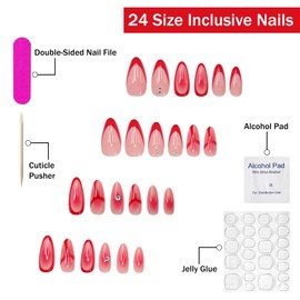 Press on Nails Medium Almond SWEKKE Pink French Tip Fake Nails False Nails with Designs Rhinestones Gradient Glossy Glue on Nails Acrylic Nails for Women Girls 24 Pcs