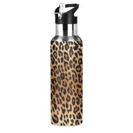 Qilmy Sport Water Bottle with Straw Lid Vacuum Insulated Stainless Steel Thermo Flask Leopard Water Bottle 20 oz