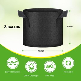 HealSmart 6-Pack 3 Gallon Nonwoven Grow Bags, Aeration Fabric Pots with Handles, Suitable for Garden Fruits, Vegetables and Flowers, Black