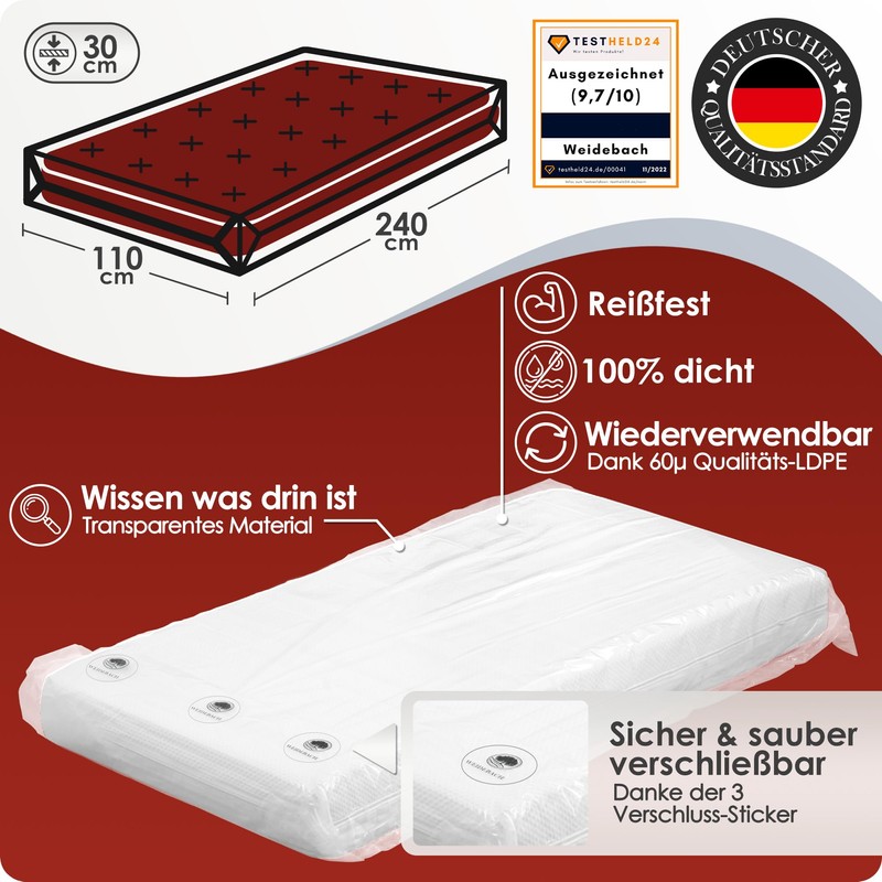 WEIDEBACH® Robust Mattress Cover, Vacuum Bag for Single Mattresses with